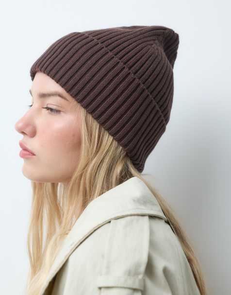 Pieces chunky rib knitted beanie in brown - view 1