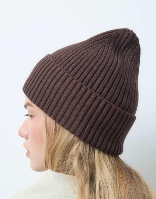 Pieces chunky rib knitted beanie in brown, 3 of 3
