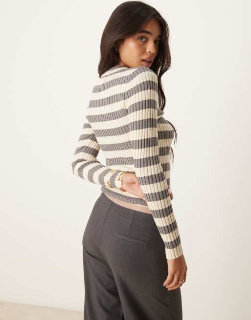 Pieces chunky ribbed knit long sleeve top in bold gray stripe