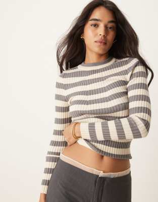 Pieces chunky ribbed knit long sleeve top in bold grey stripe