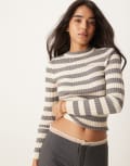 [Pieces] Pieces chunky ribbed knit long sleeve top in bold grey stripe XL Grey stripe