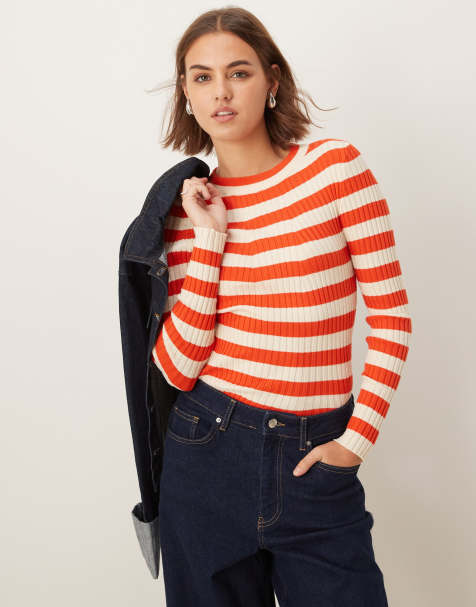 Pieces chunky ribbed knit long sleeve top in bold orange stripe - view 1