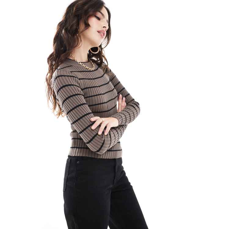 【U LAN】Hamel Ribbed Stripe U-Neck Long Sleeve Pieces chunky ribbed knit long sleeve top in brown stripe | ASOS
