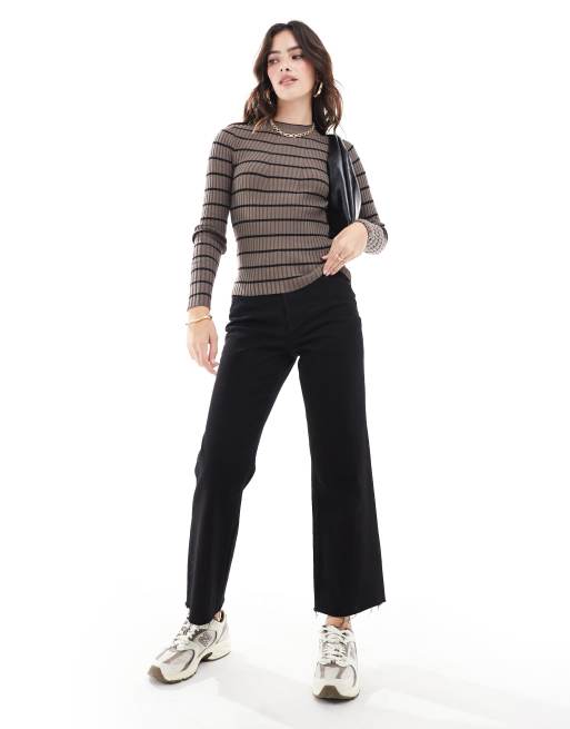 【U LAN】Hamel Ribbed Stripe U-Neck Long Sleeve Pieces chunky ribbed knit long sleeve top in brown stripe | ASOS