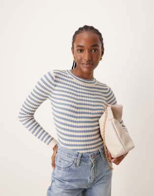 Pieces Pieces chunky ribbed knit long sleeve top in denim blue stripe