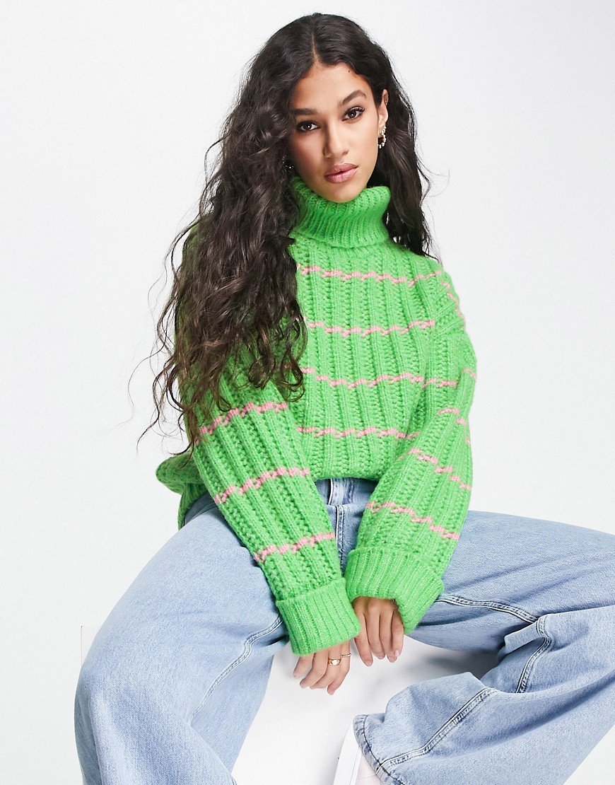 Pieces chunky roll neck sweater in green & pink stripe-Multi