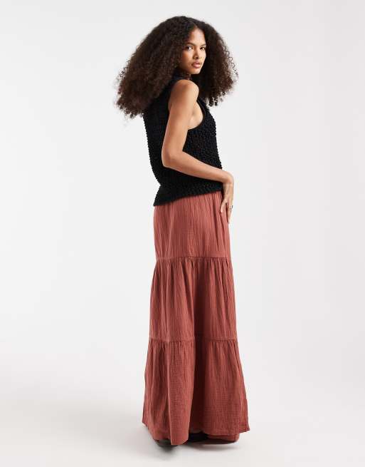 Pieces – Ciemnobrązowa warstwowa spódnica maxi w stylu boho, 4 z 5