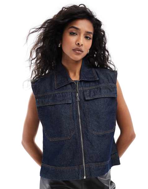Pieces zip up denim waistcoat in dark blue wash