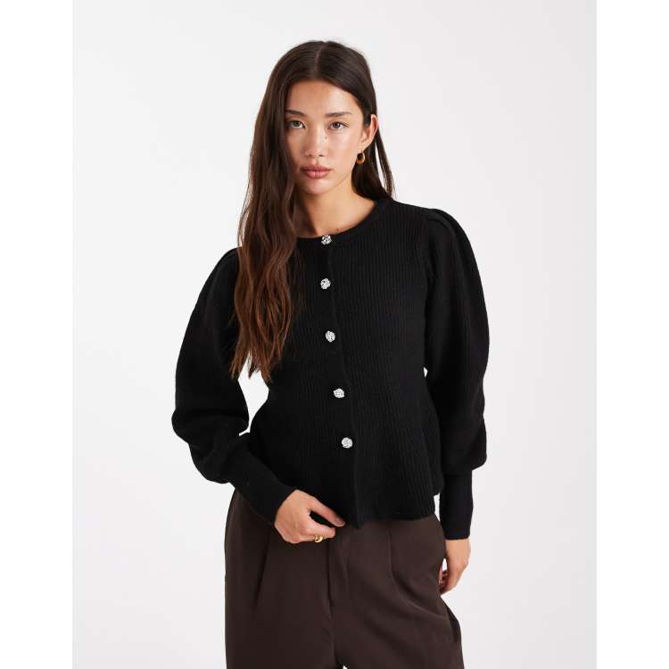Pieces cinched waist balloon sleeve cardigan with hammered buttons