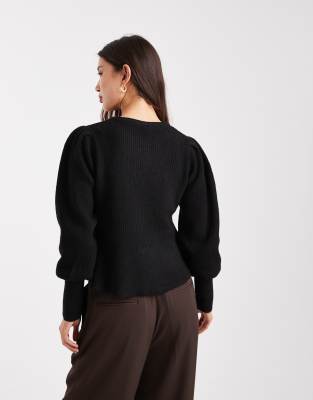 Pieces Cinched Waist Balloon Sleeve Cardigan With Hammered Buttons In Black