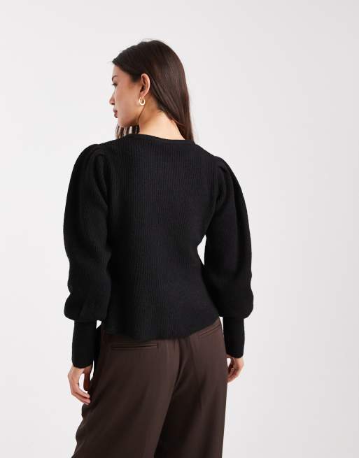 Pieces cinched waist balloon sleeve cardigan with hammered buttons in black, 2 of 4