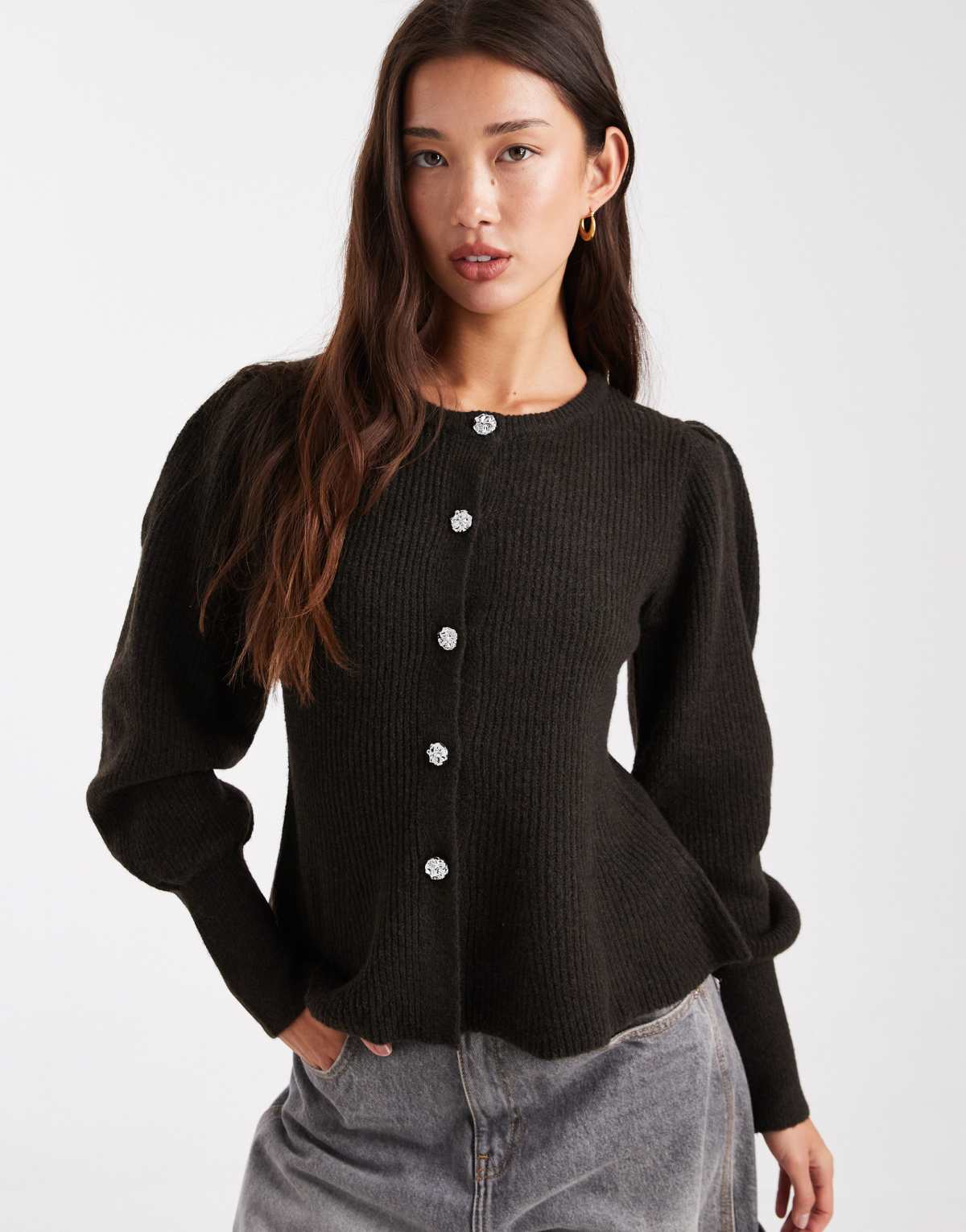 Pieces cinched waist balloon sleeve cardigan with hammered buttons in chocolate brown