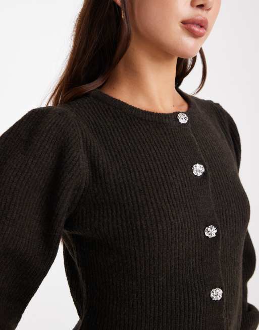 Pieces cinched waist balloon sleeve cardigan with hammered buttons in chocolate brown, 2 of 4