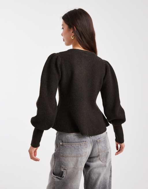 Pieces cinched waist balloon sleeve cardigan with hammered buttons in chocolate brown, 4 of 4