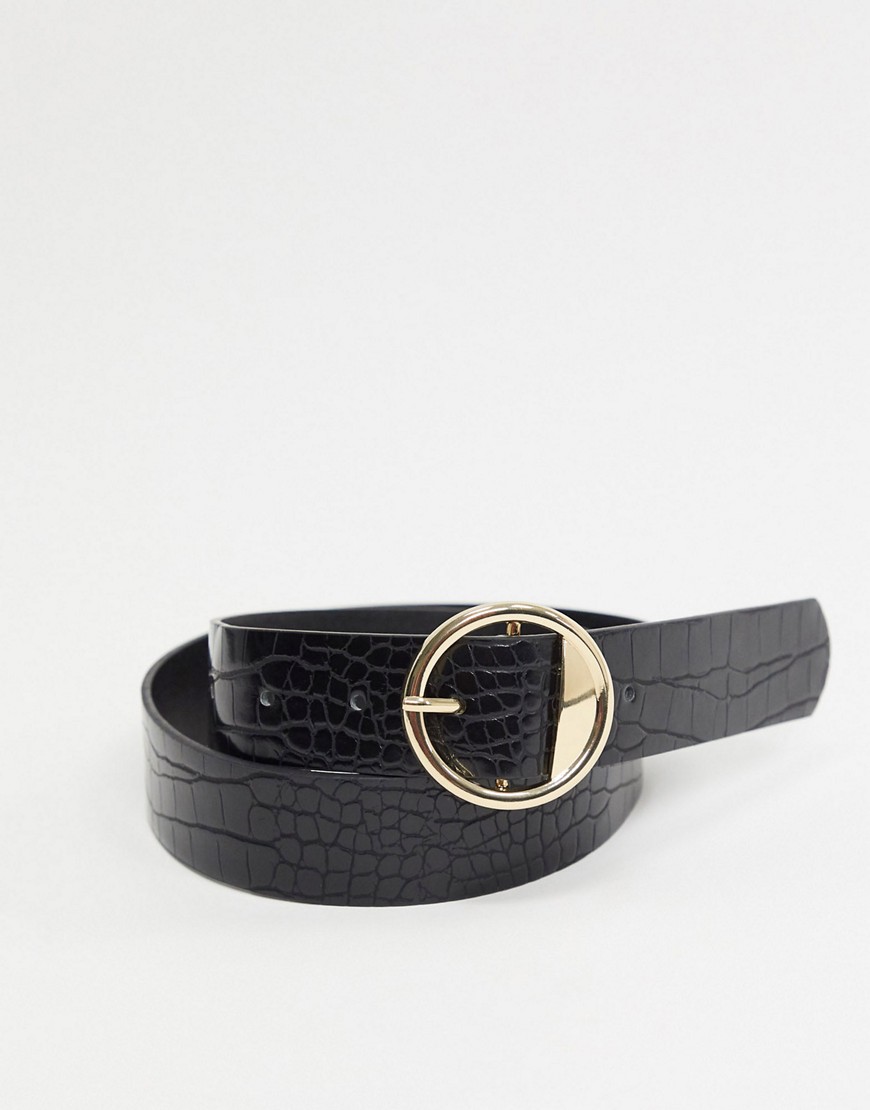 Pieces - Cintura in ecopelle nera con fibbia rotonda oro-Nero