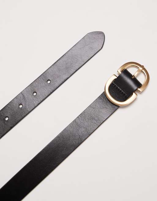 Pieces - Cintura in pelle nera con doppia fibbia dorata, 2 di 3