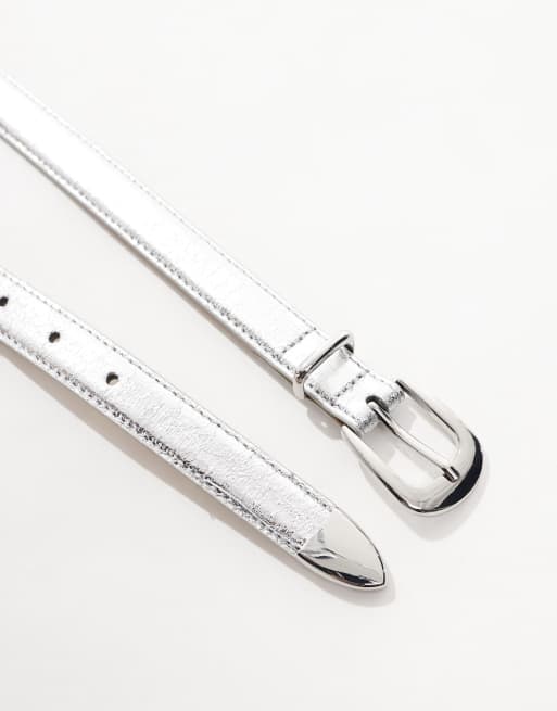 Pieces - Cintura in pelle sintetica argento con estremità spessa in metallo, 2 di 3