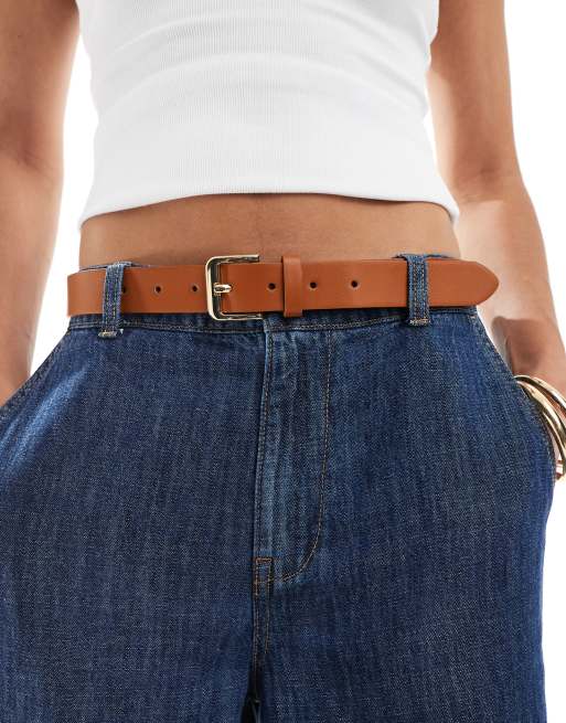 Pieces - Cintura in pelle sintetica color cognac con fibbia oro