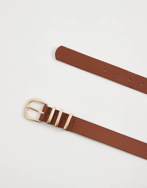 Pieces - Cintura marrone cognac con fibbia dorata, 2 di 3