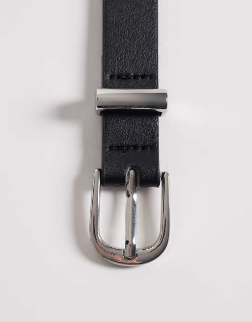 Pieces - Cintura skinny in pelle sintetica color nero e argento, 2 di 3