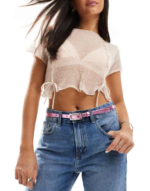 Pieces - Cintura sottile in pelle sintetica rosa con fibbia rettangolare