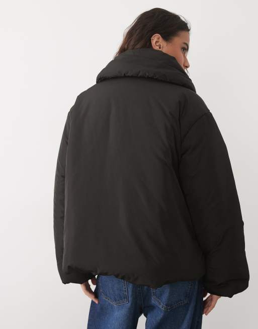 Pieces clean padded jacket with exaggerated collar in black, 2 of 4