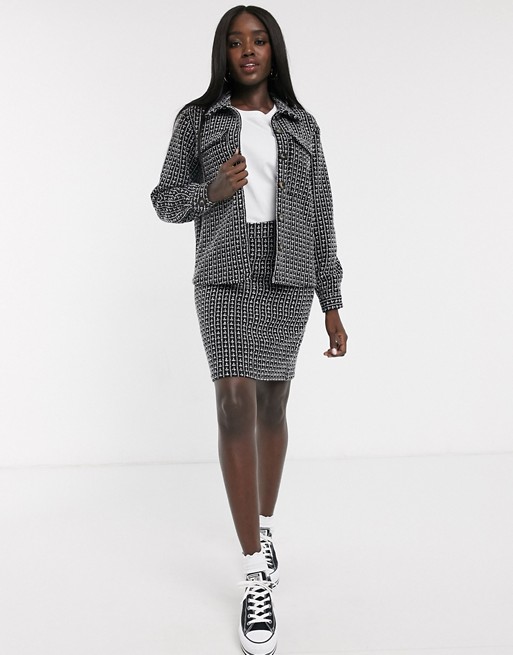 Pieces co-ord boucle skirt in black and white