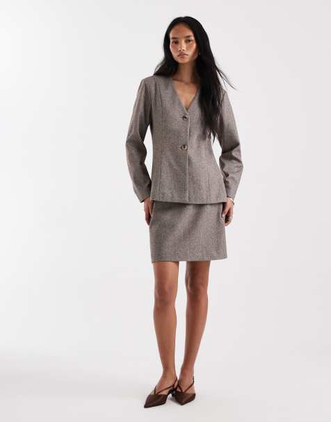 Pieces - Co-ord set van getailleerde getextureerde blazer met nauwsluitende taille en minirok in lichtbruin - view 1