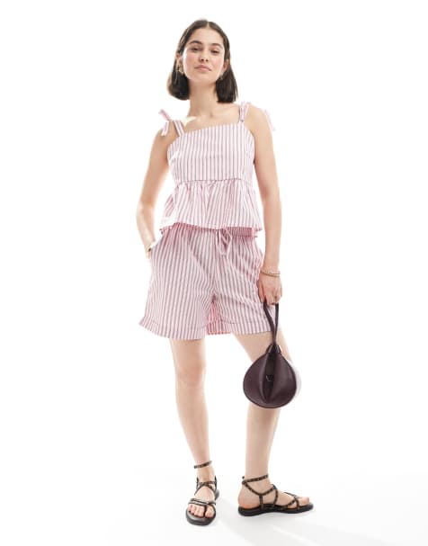 Pieces - Co-ord set van hemdje en short in roze en wit gestreept - view 1