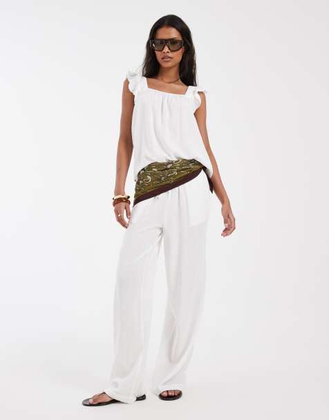Pieces - Co-ord set van mouwloze top en broek met wijde pijpen van linnenmix in wit - view 1