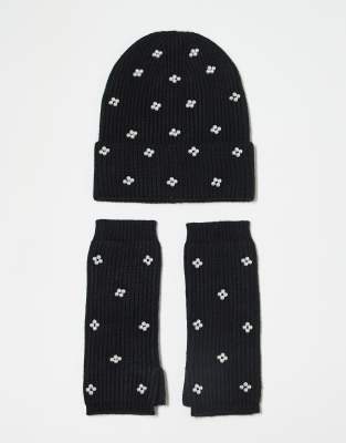Pieces - Coffret cadeau avec bonnet orné de perles et réchauffe-mains - Noir