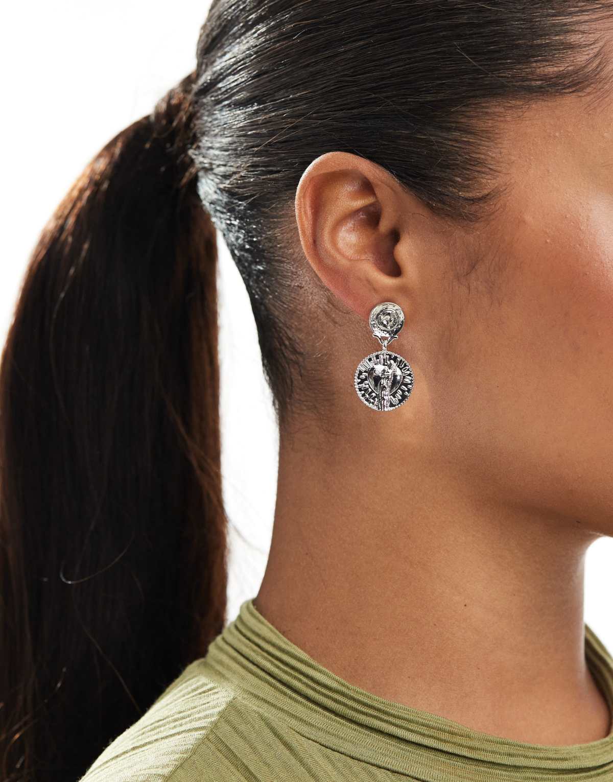 Pieces coin charm detail earrings in silver