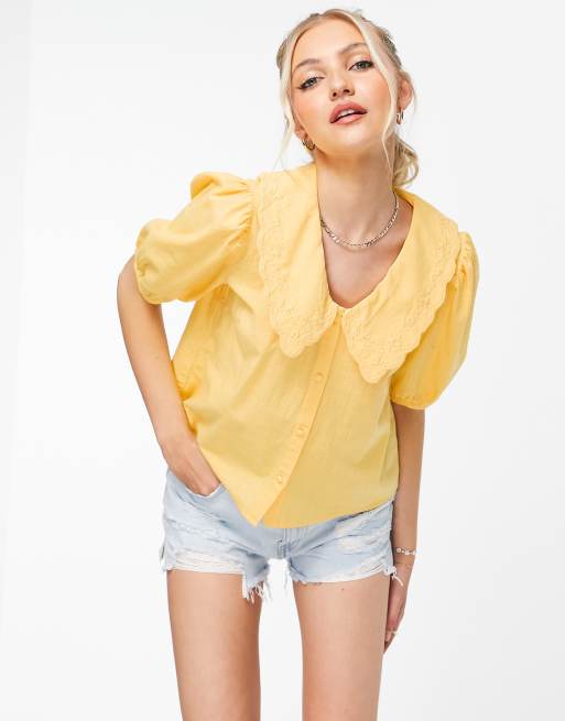 Pieces collar detail puff sleeve blouse in yellow ASOS