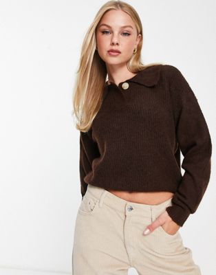 Pieces collar knit jumper in chocolate brown