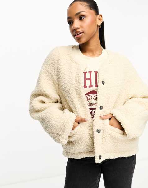 Pieces collarless teddy jacket in cream - view 1