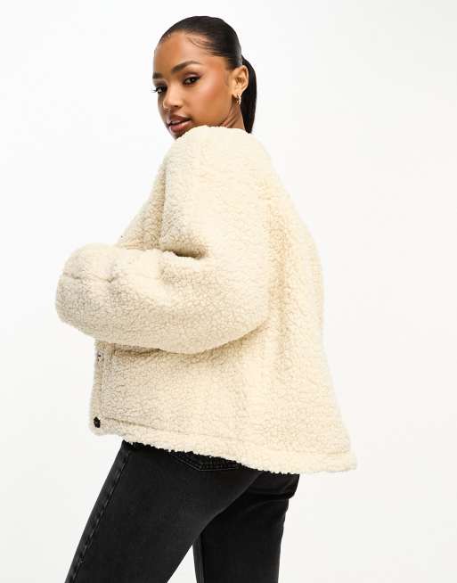 Pieces collarless teddy jacket in cream