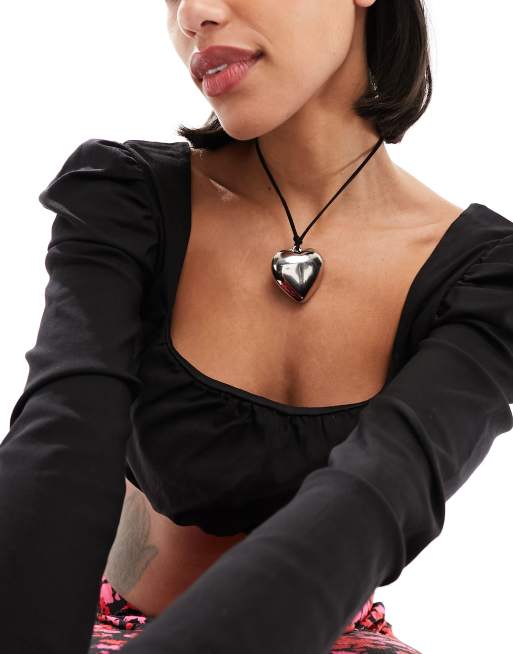 Pieces - Collier avec cordon et pendentif cœur - Argenté