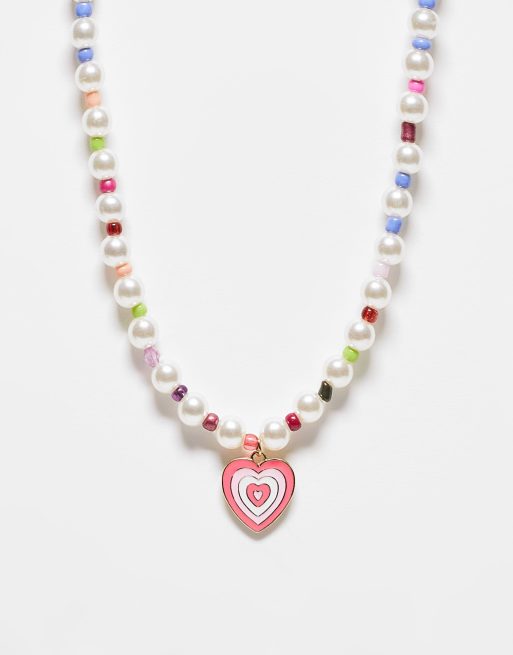Pieces - Collier de perles avec pendentif cœur - Multicolore