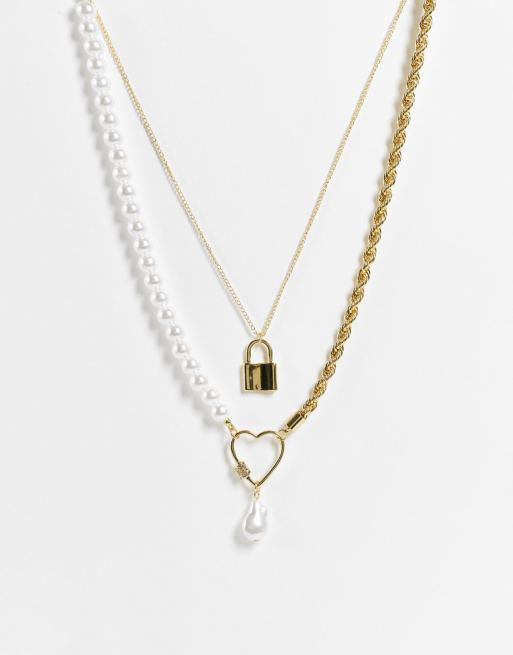 Pieces - Collier en chaîne et perles avec cœur et cadenas - Doré