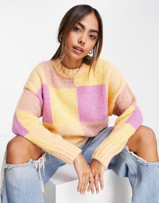 Pieces color block sweater in yellow and pink | ASOS