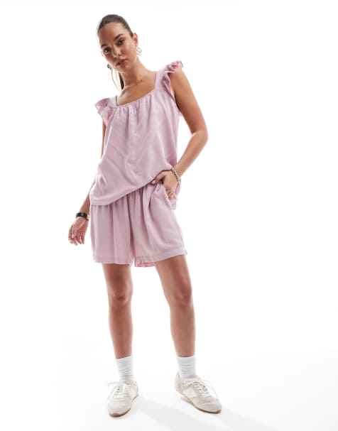 Pieces - Completo effetto lino con canottiera con manica con volant e pantaloncini rosa alba - view 1