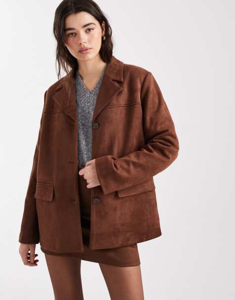 Pieces - Completo in camoscio sintetico marrone medio con blazer e minigonna - view 1