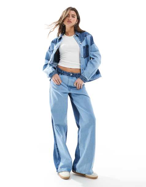Pieces - Completo in denim oversize lavaggio azzurro stile western con jeans a fondo ampio e giacca - view 1
