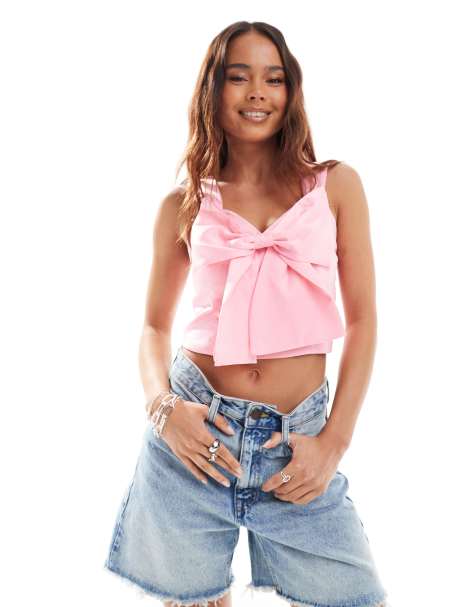 Pieces concert bow front top in pink - view 1