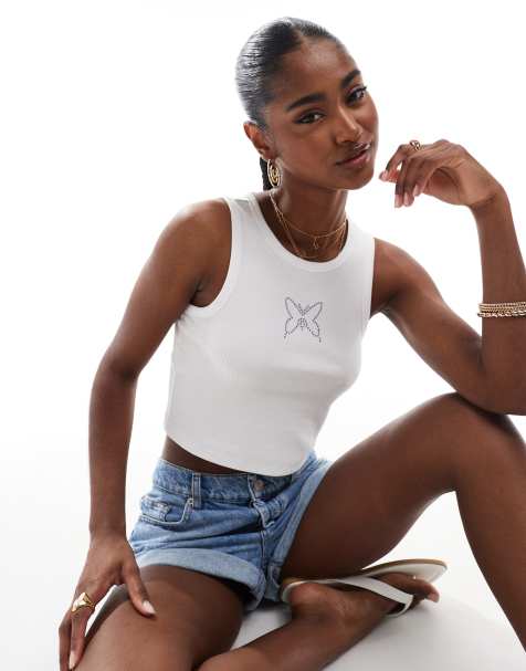 Pieces concert purple butterfly rhinestone tank top in white - view 1