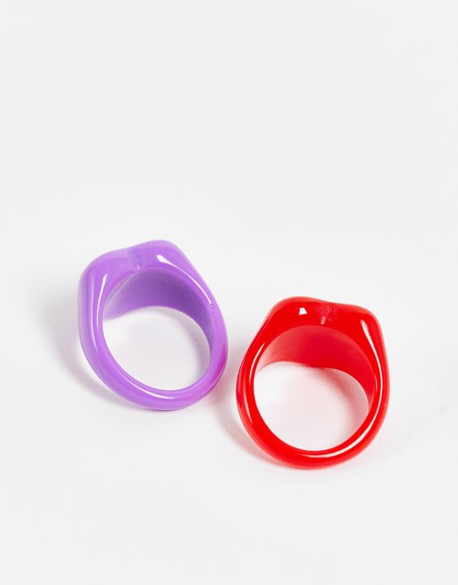 Pieces Confezione da 2 anelli grossi a forma di cuore viola e rosso ASOS