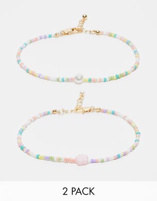 Pieces - Confezione da 2 cavigliere con perline piccole multicolore e dettaglio con perla
