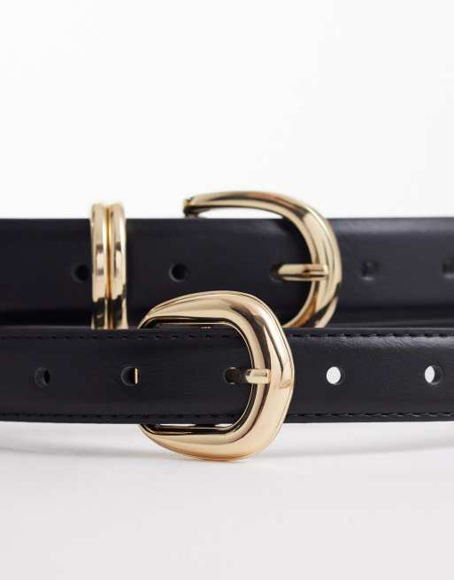 Pieces - Confezione da 2 cinture nere con fibbia dorata, 2 di 3