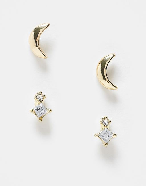 Pieces - Confezione da 2 orecchini color oro con gemme e mezzaluna