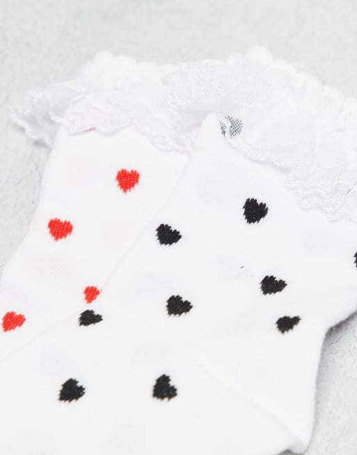 Pieces - Confezione da 2 paia di calzini bianchi con stampa a cuori e volant, 2 di 3